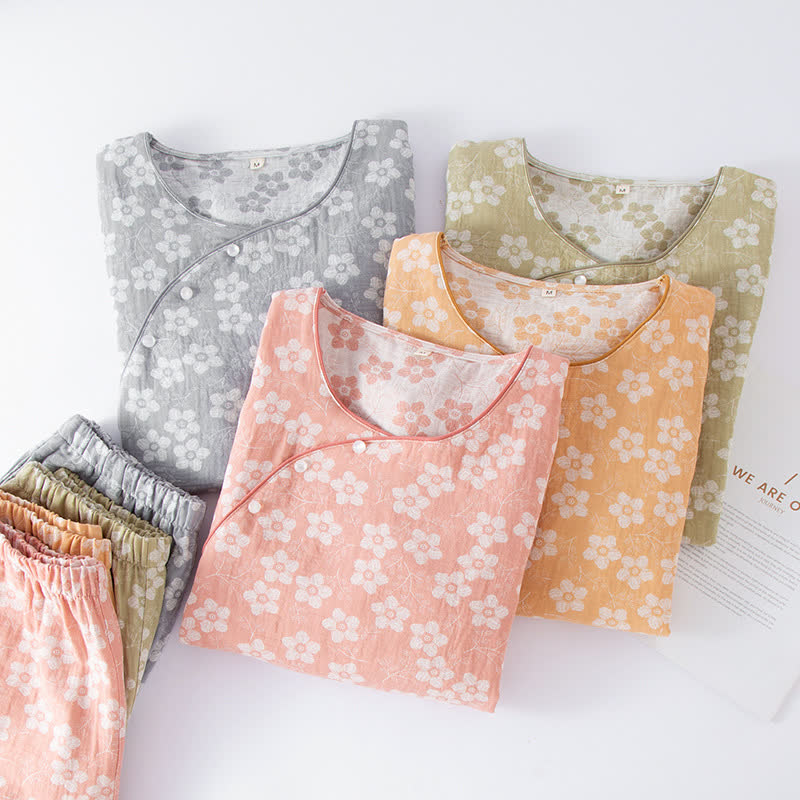 Pigiama in cotone tinto in filo jacquard con motivo floreale retrò