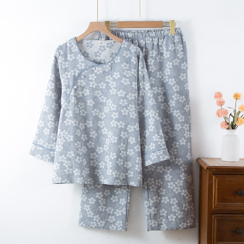 Pigiama in cotone tinto in filo jacquard con motivo floreale retrò