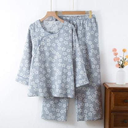 Pigiama in cotone tinto in filo jacquard con motivo floreale retrò