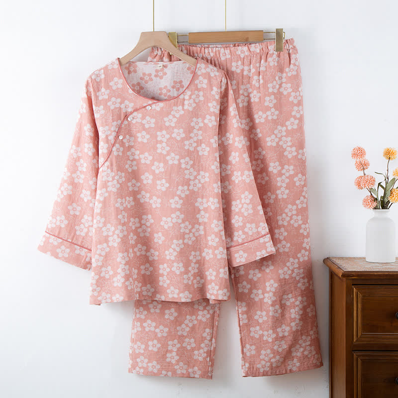Pigiama in cotone tinto in filo jacquard con motivo floreale retrò