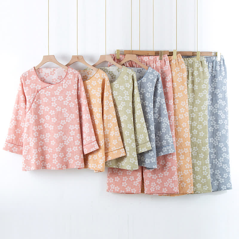 Pigiama in cotone tinto in filo jacquard con motivo floreale retrò