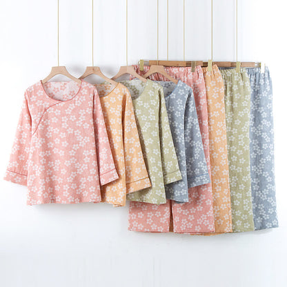 Pigiama in cotone tinto in filo jacquard con motivo floreale retrò