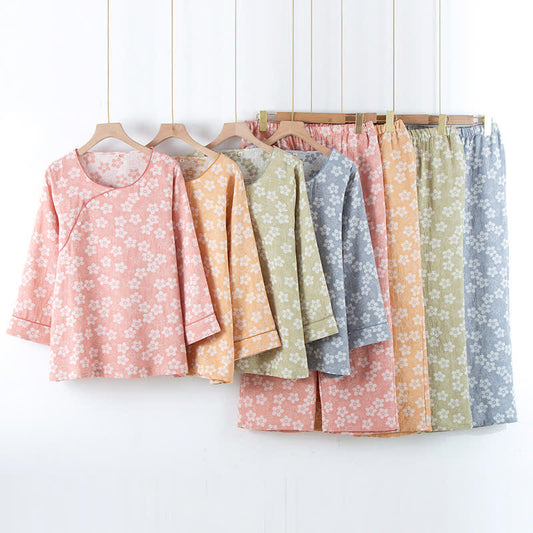 Pigiama in cotone tinto in filo jacquard con motivo floreale retrò
