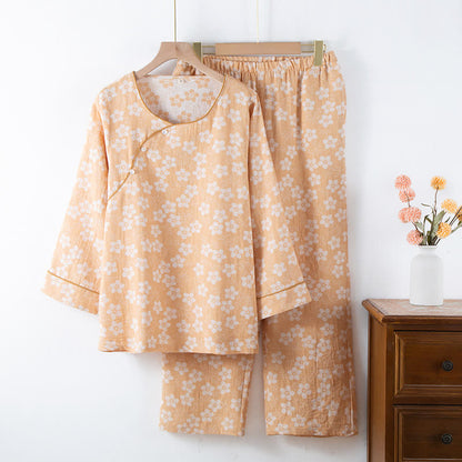 Pigiama in cotone tinto in filo jacquard con motivo floreale retrò