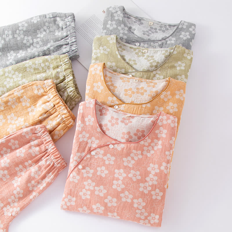 Pigiama in cotone tinto in filo jacquard con motivo floreale retrò