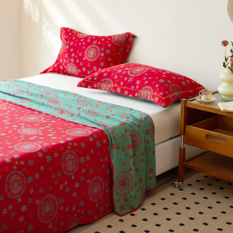 Copriletto reversibile in jacquard tinto in filo a doppio strato di cotone vintage