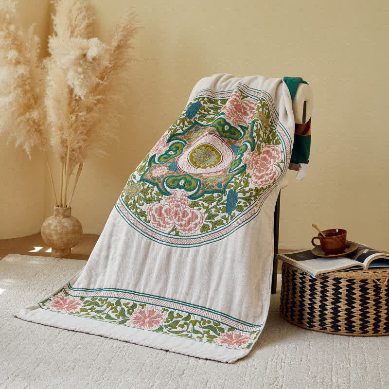 Elegante asciugamano da bagno assorbente in garza di puro cotone floreale