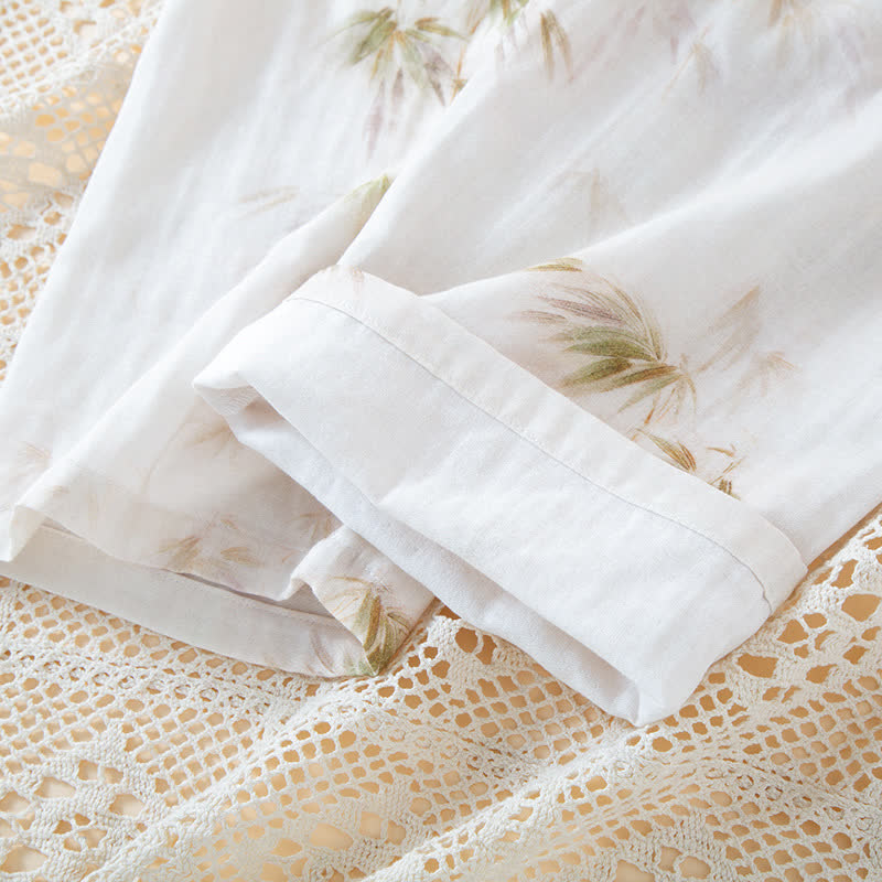 Completo da casa in garza di cotone con stampa di bambù vintage e bottoni in perline