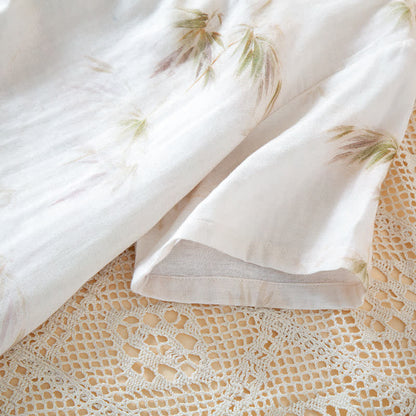 Completo da casa in garza di cotone con stampa di bambù vintage e bottoni in perline