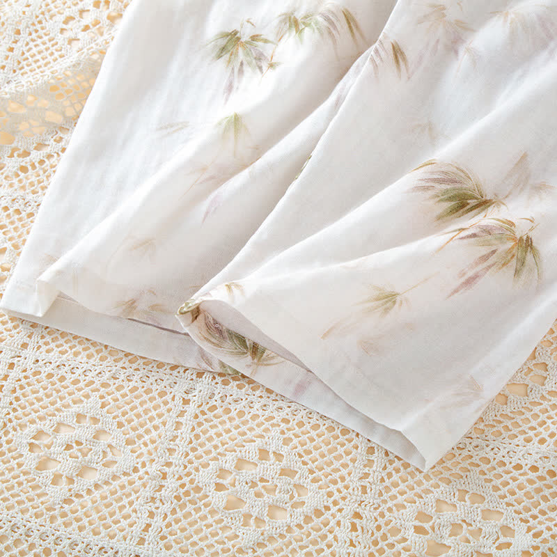 Completo da casa in garza di cotone con stampa di bambù vintage e bottoni in perline