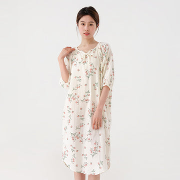 Camicia da notte a maniche lunghe in garza di puro cotone floreale