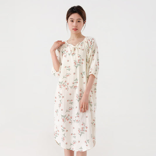 Camicia da notte a maniche lunghe in garza di puro cotone floreale