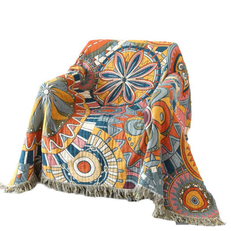 Coperta reversibile con nappe in garza di cotone con motivo floreale artistico