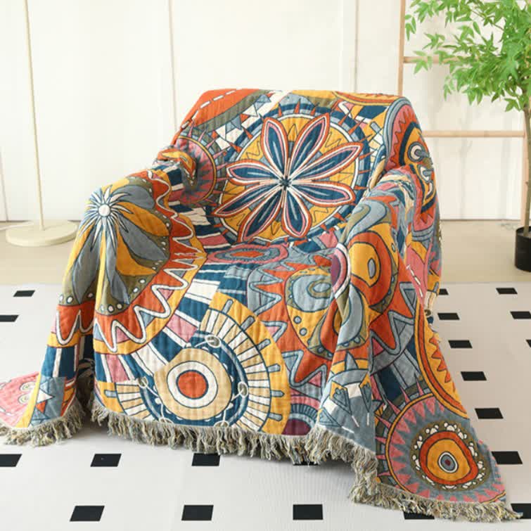 Coperta reversibile con nappe in garza di cotone con motivo floreale artistico