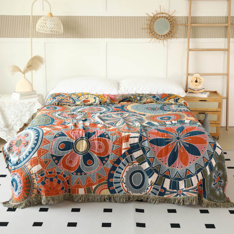Coperta reversibile con nappe in garza di cotone con motivo floreale artistico