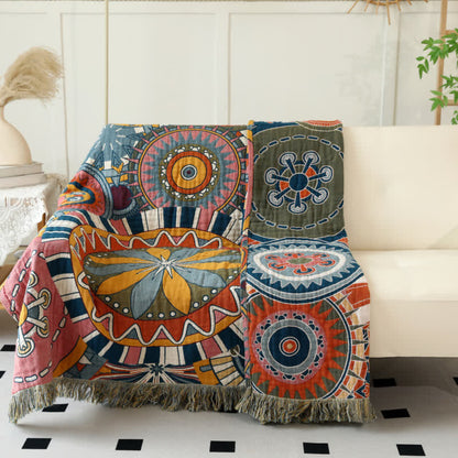 Coperta reversibile con nappe in garza di cotone con motivo floreale artistico