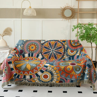 Coperta reversibile con nappe in garza di cotone con motivo floreale artistico