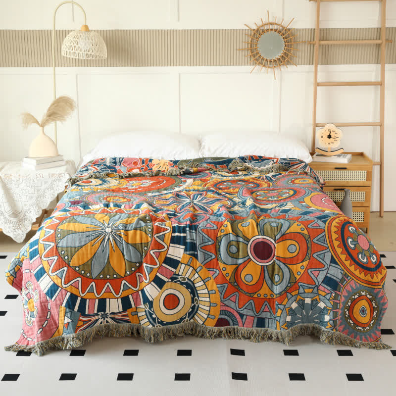 Coperta reversibile con nappe in garza di cotone con motivo floreale artistico