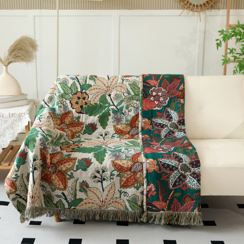 Coperta reversibile con nappe in garza di cotone a forma di foglia floreale