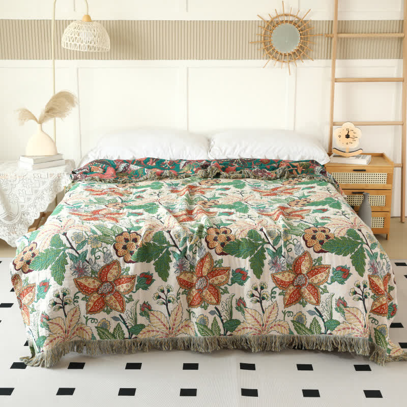 Coperta reversibile con nappe in garza di cotone a forma di foglia floreale