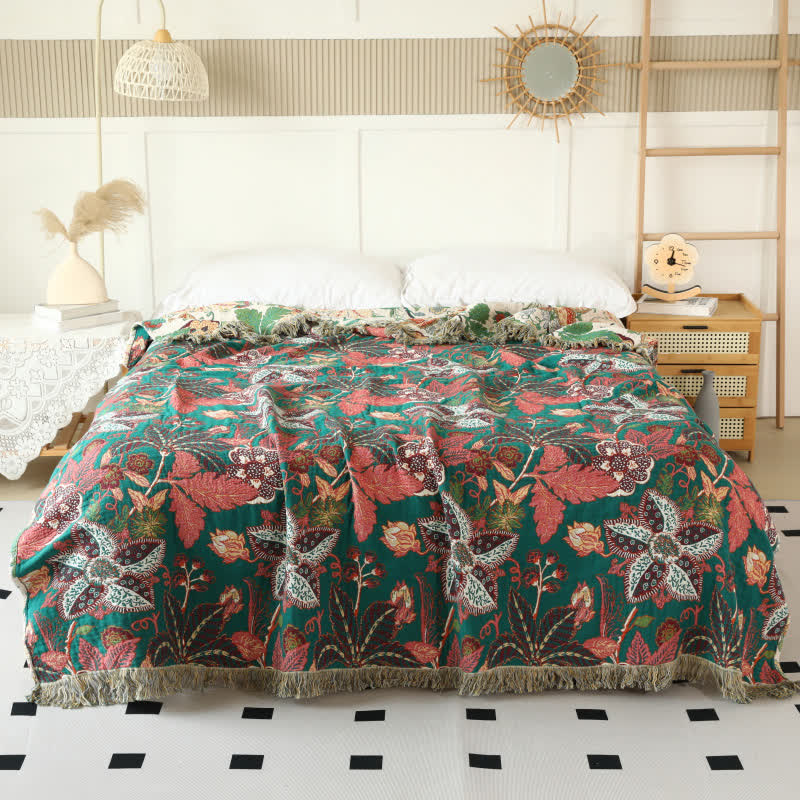 Coperta reversibile con nappe in garza di cotone a forma di foglia floreale