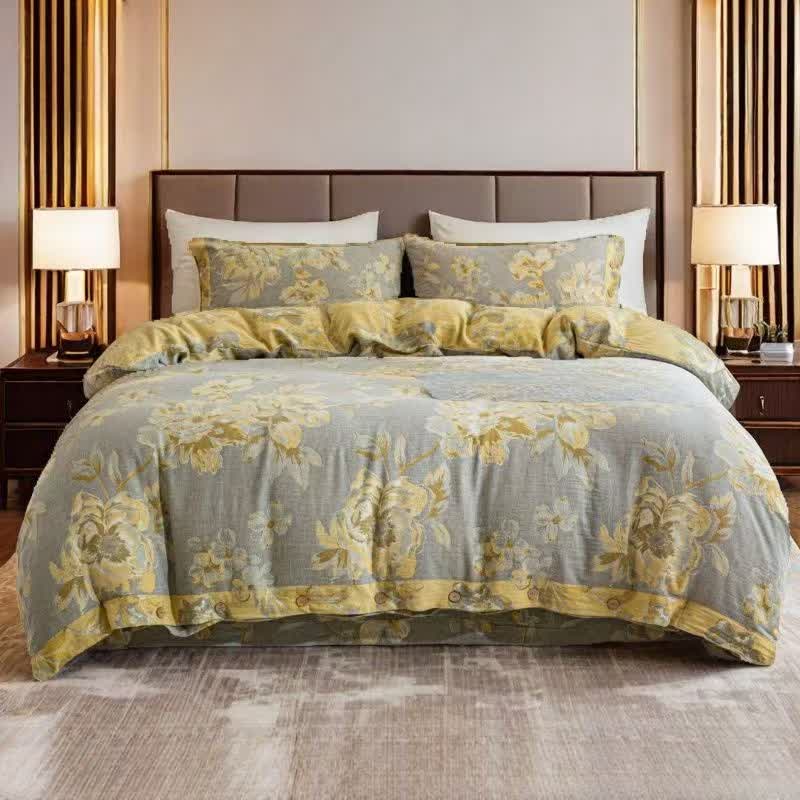 Set di biancheria da letto reversibile con bottoni in garza di cotone floreale (4 pezzi)