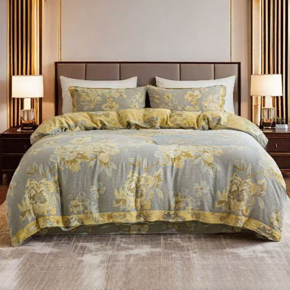 Set di biancheria da letto reversibile con bottoni in garza di cotone floreale (4 pezzi)