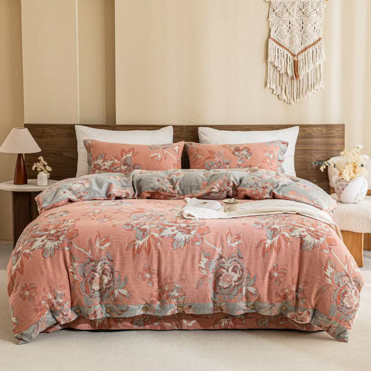 Set di biancheria da letto reversibile con bottoni in garza di cotone floreale (4 pezzi)