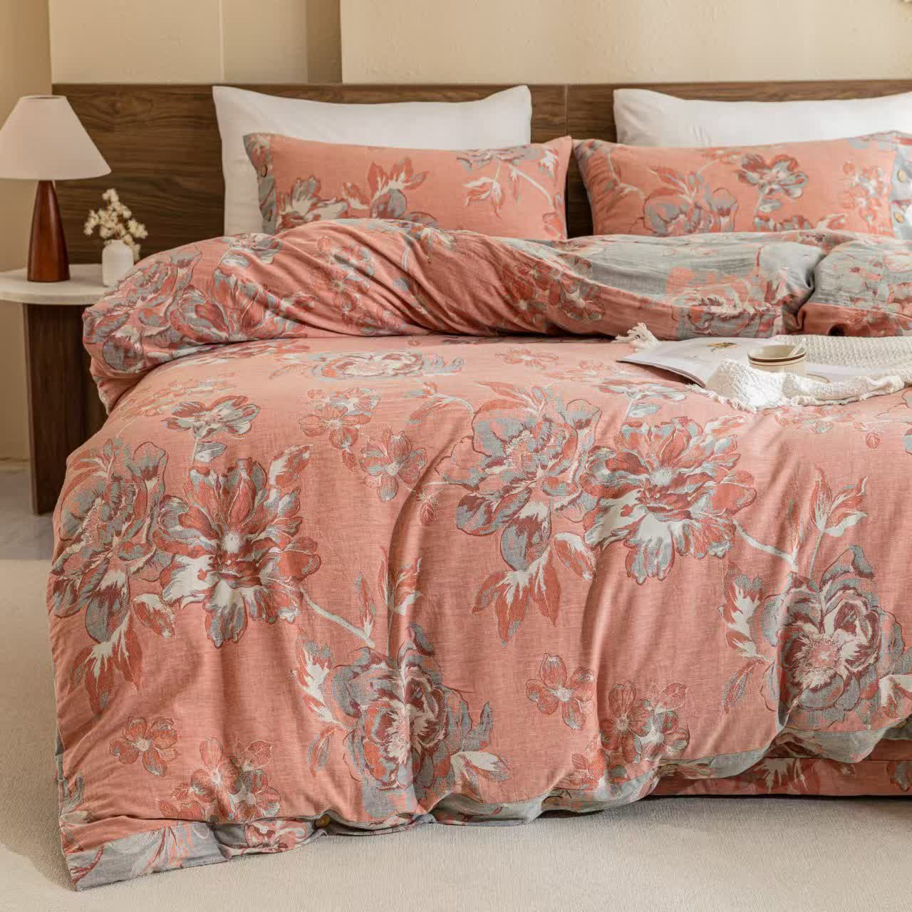 Set di biancheria da letto reversibile con bottoni in garza di cotone floreale (4 pezzi)