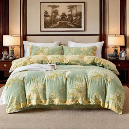 Set di biancheria da letto reversibile con bottoni in garza di cotone floreale (4 pezzi)