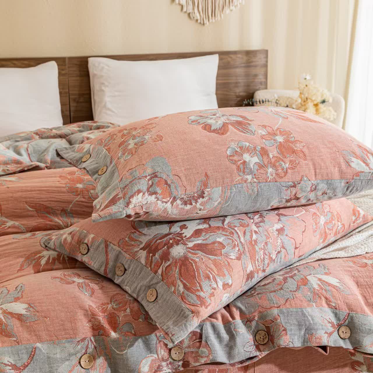 Set di biancheria da letto reversibile con bottoni in garza di cotone floreale (4 pezzi)