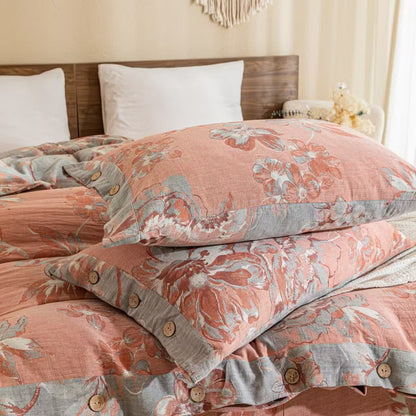 Set di biancheria da letto reversibile con bottoni in garza di cotone floreale (4 pezzi)