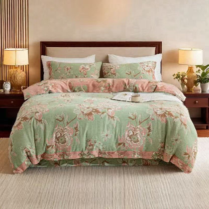 Set di biancheria da letto reversibile con bottoni in garza di cotone floreale (4 pezzi)