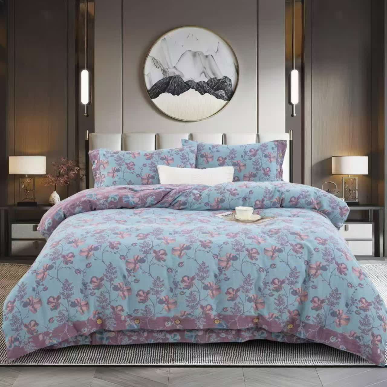 Set di biancheria da letto in garza di cotone Blooming Flowers (4 pezzi)