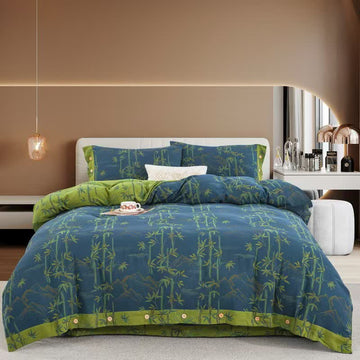 Set di biancheria da letto reversibile in garza di cotone con pianta di bambù (4 pezzi) - Blu - Matrimoniale Grande - image 0