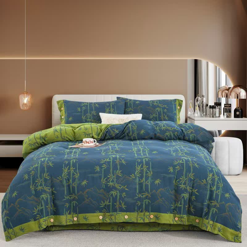 Set di biancheria da letto reversibile in garza di cotone con pianta di bambù (4 pezzi)