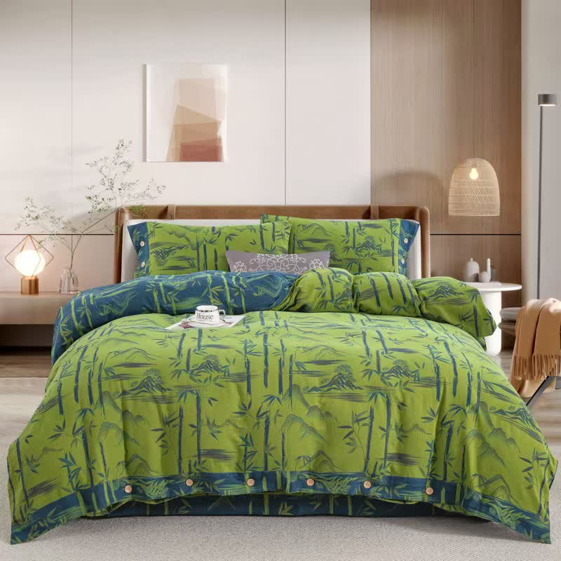 Set di biancheria da letto reversibile in garza di cotone con pianta di bambù (4 pezzi) - Verde - Matrimoniale Grande - image 9