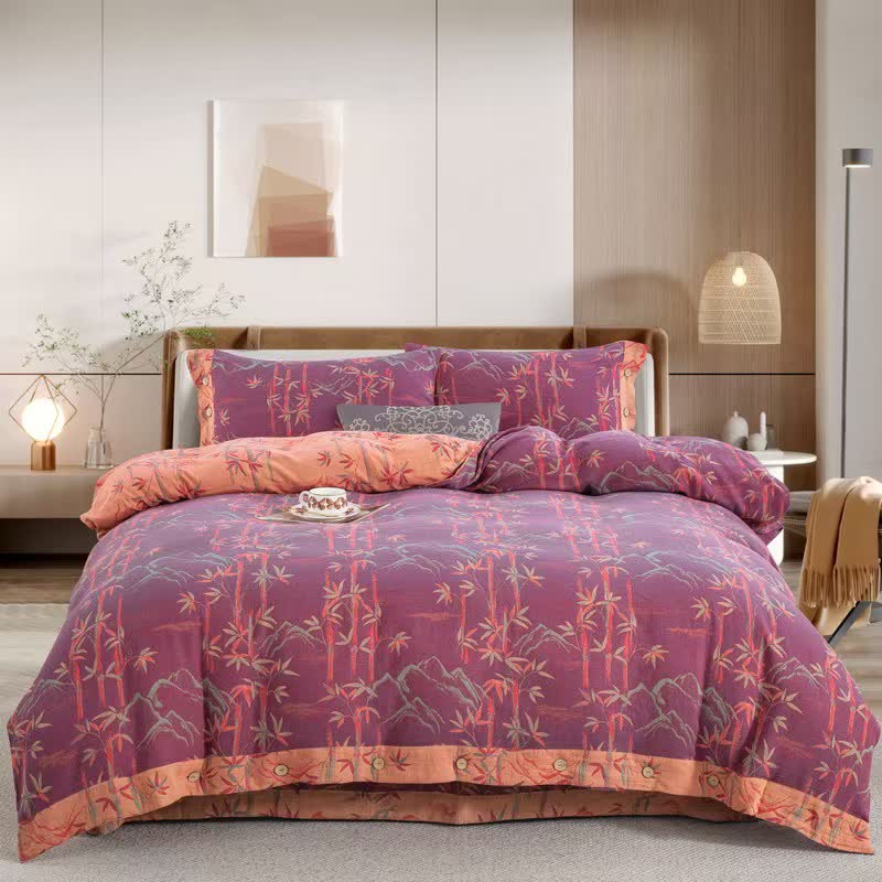 Set di biancheria da letto reversibile in garza di cotone con pianta di bambù (4 pezzi) - Viola - Matrimoniale Grande - image 13