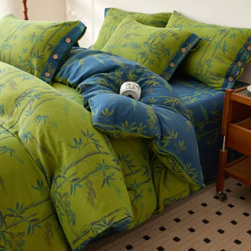 Set di biancheria da letto reversibile in garza di cotone con pianta di bambù (4 pezzi)