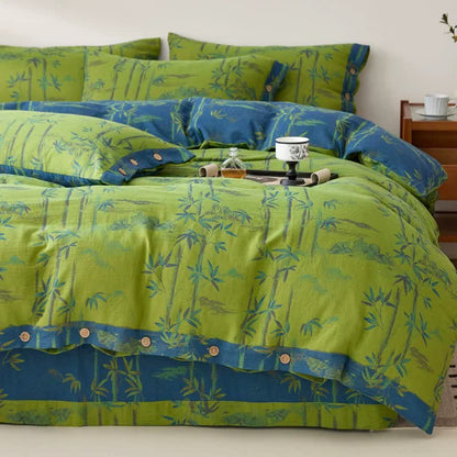 Set di biancheria da letto reversibile in garza di cotone con pianta di bambù (4 pezzi)