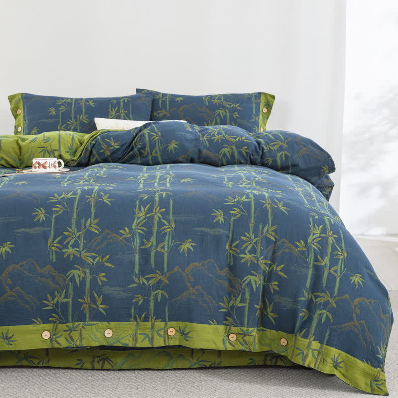 Set di biancheria da letto reversibile in garza di cotone con pianta di bambù (4 pezzi)