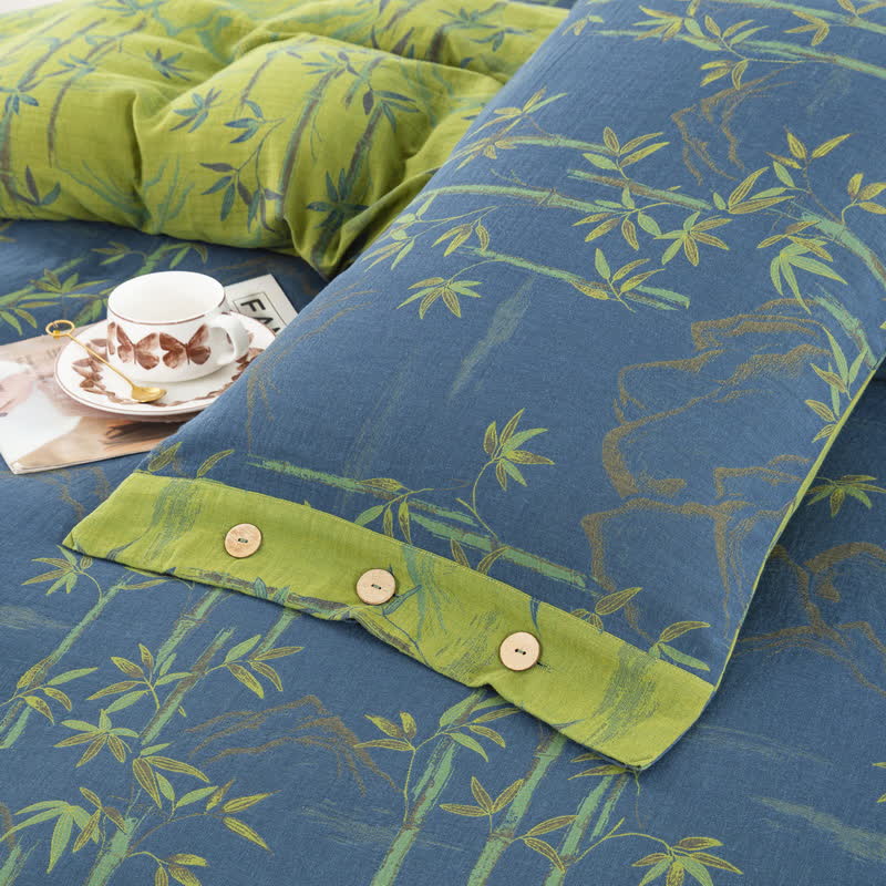 Set di biancheria da letto reversibile in garza di cotone con pianta di bambù (4 pezzi)