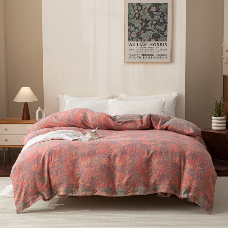 Set di biancheria da letto reversibile in cotone con bottoni floreali jacquard (4 pezzi)