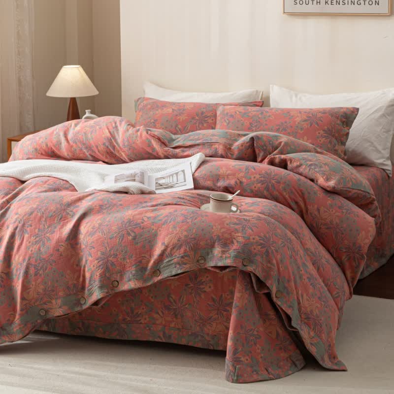 Set di biancheria da letto reversibile in cotone con bottoni floreali jacquard (4 pezzi)