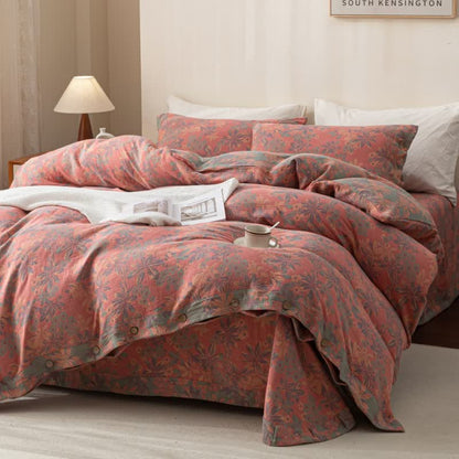 Set di biancheria da letto reversibile in cotone con bottoni floreali jacquard (4 pezzi)