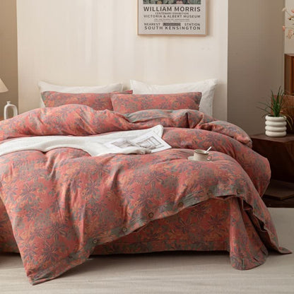 Set di biancheria da letto reversibile in cotone con bottoni floreali jacquard (4 pezzi)