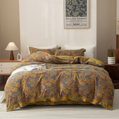 Set di biancheria da letto reversibile in cotone con bottoni floreali jacquard (4 pezzi)