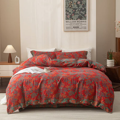 Set di biancheria da letto reversibile in cotone con bottoni floreali jacquard (4 pezzi)