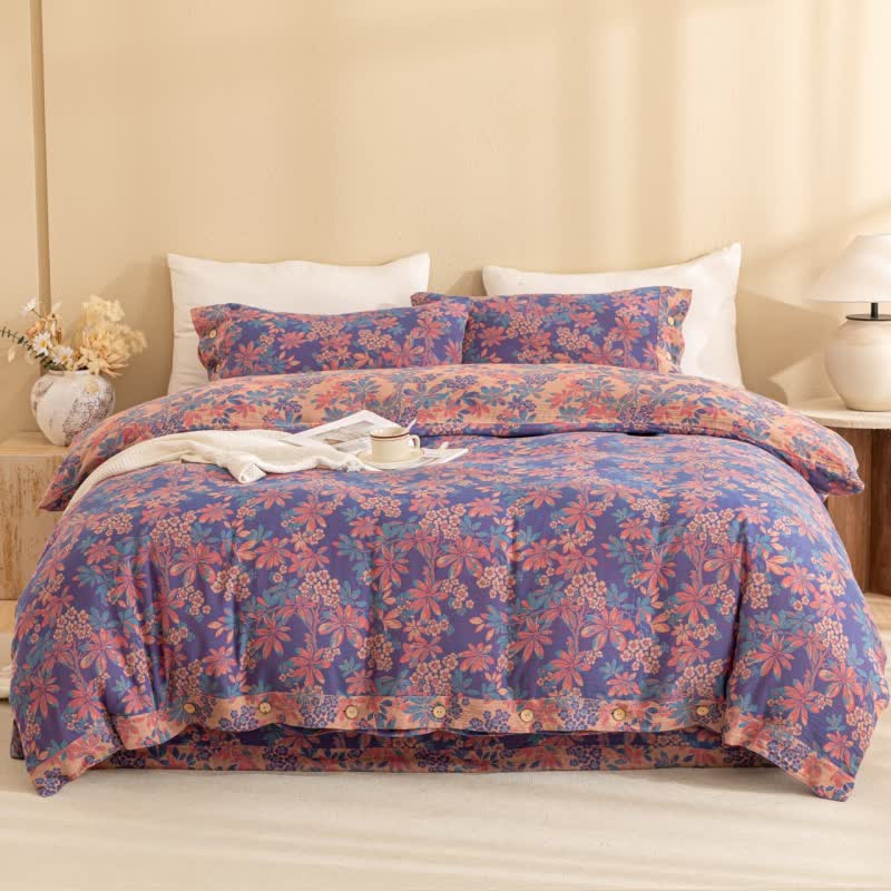 Set di biancheria da letto reversibile in cotone con bottoni floreali jacquard (4 pezzi)