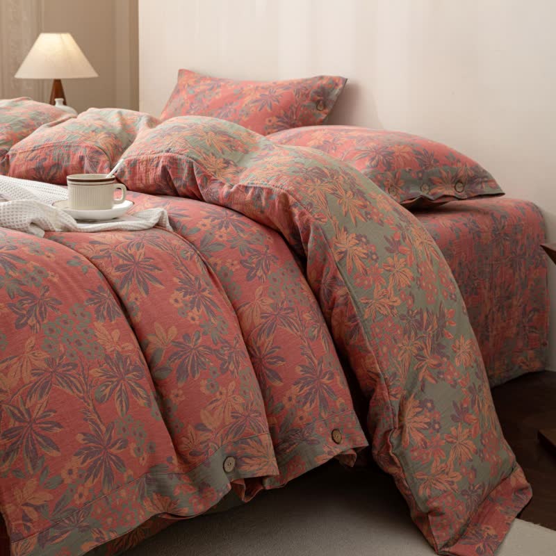 Set di biancheria da letto reversibile in cotone con bottoni floreali jacquard (4 pezzi)